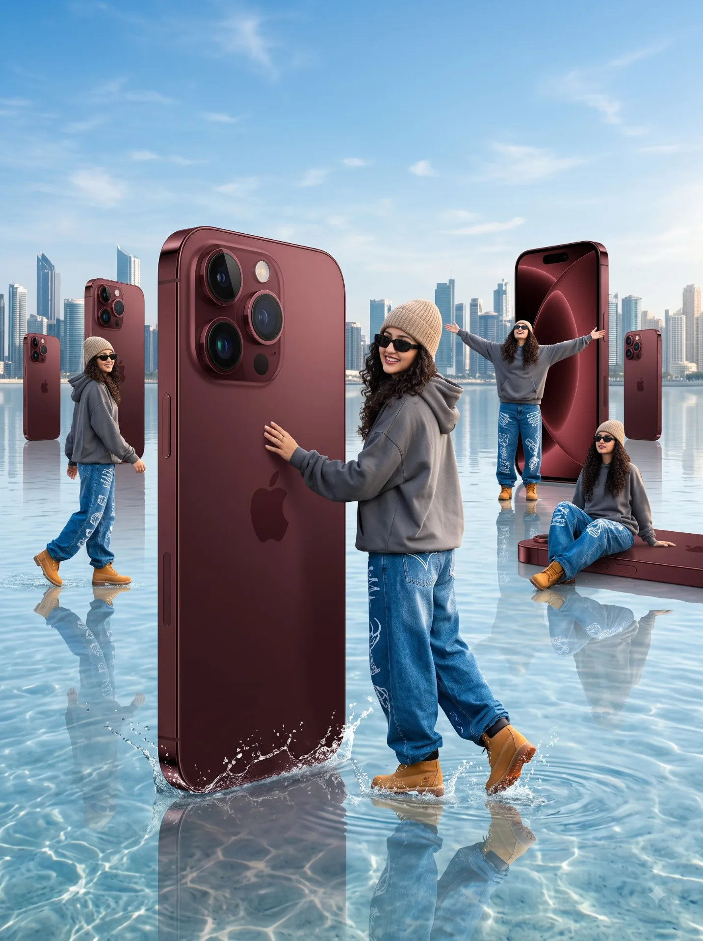 Create a hyper-realistic, cinematic, surreal scene of a fashionable young woman in a shallow, crystal-clear water surface with a modern