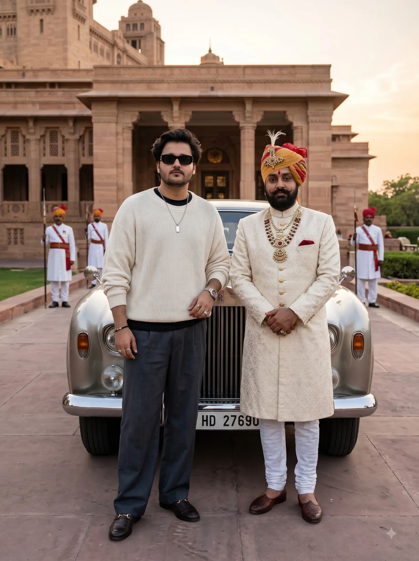 Ultra-realistic cinematic 8K portrait of a stylish young South Asian man standing beside the Maharaja of Jodhpur near vintage royal cars