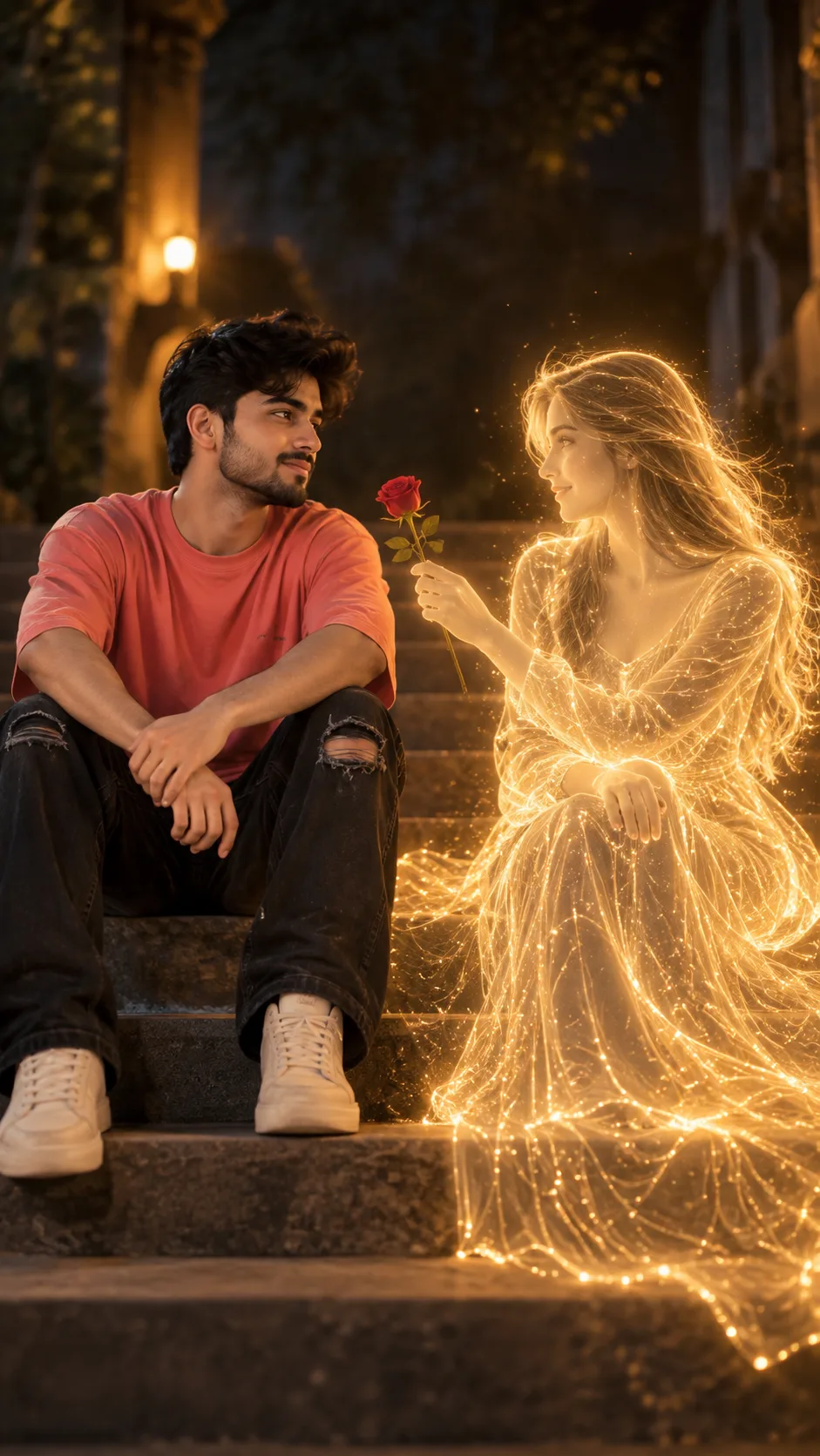 Create an ultra-realistic cinematic romantic photograph based on the uploaded reference image.