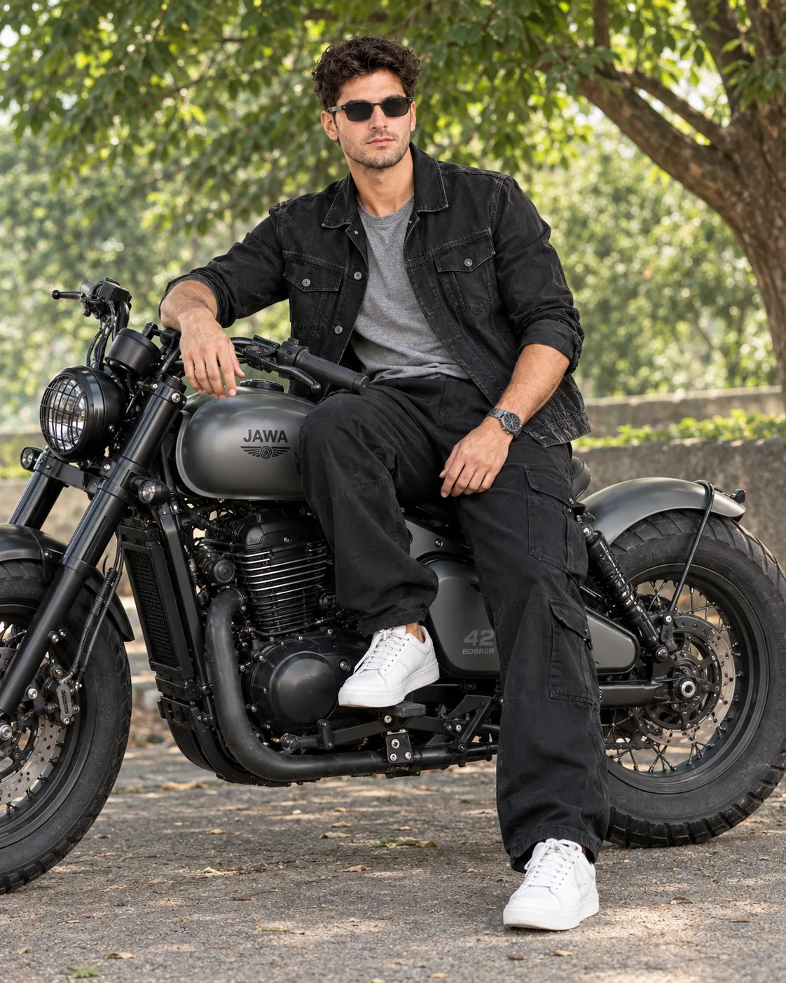 Ultra-realistic full-body shot of a stylish young man sitting confidently on a matte grey Jawa 42 bobber motorcycle under lush green trees.