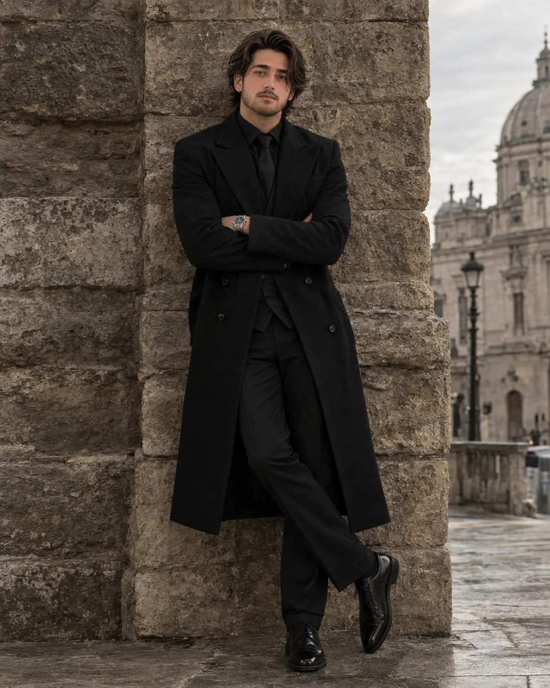 **Ultra-realistic cinematic full-body fashion portrait of a handsome young adult man standing confidently against an old weathered stone