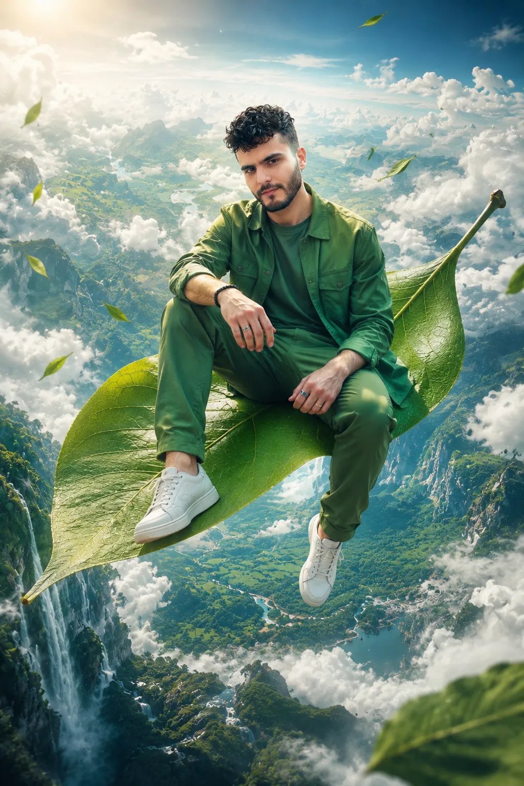 Prompt 👇 Surreal fantasy scene, handsome young man in stylish green outfit sitting on a giant floating leaf in the sky, dreamy clouds and