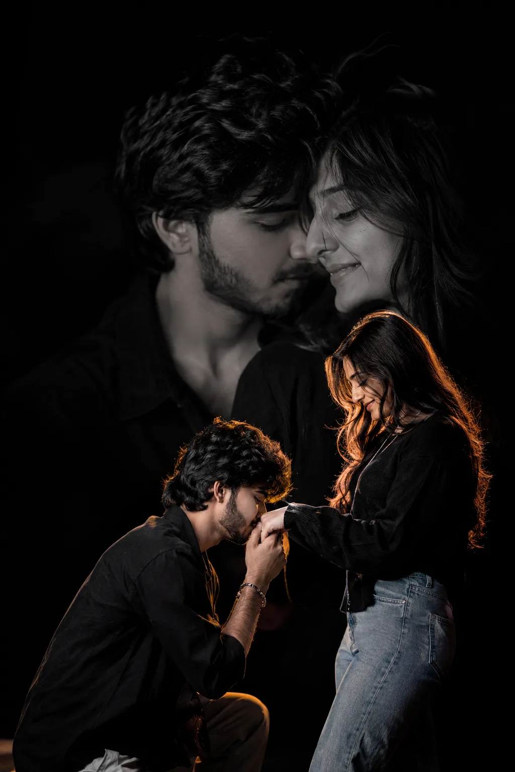 Romantic night photoshoot of a young couple, boy kneeling and kissing girl's hand, cinematic pose, black background, dramatic low-key