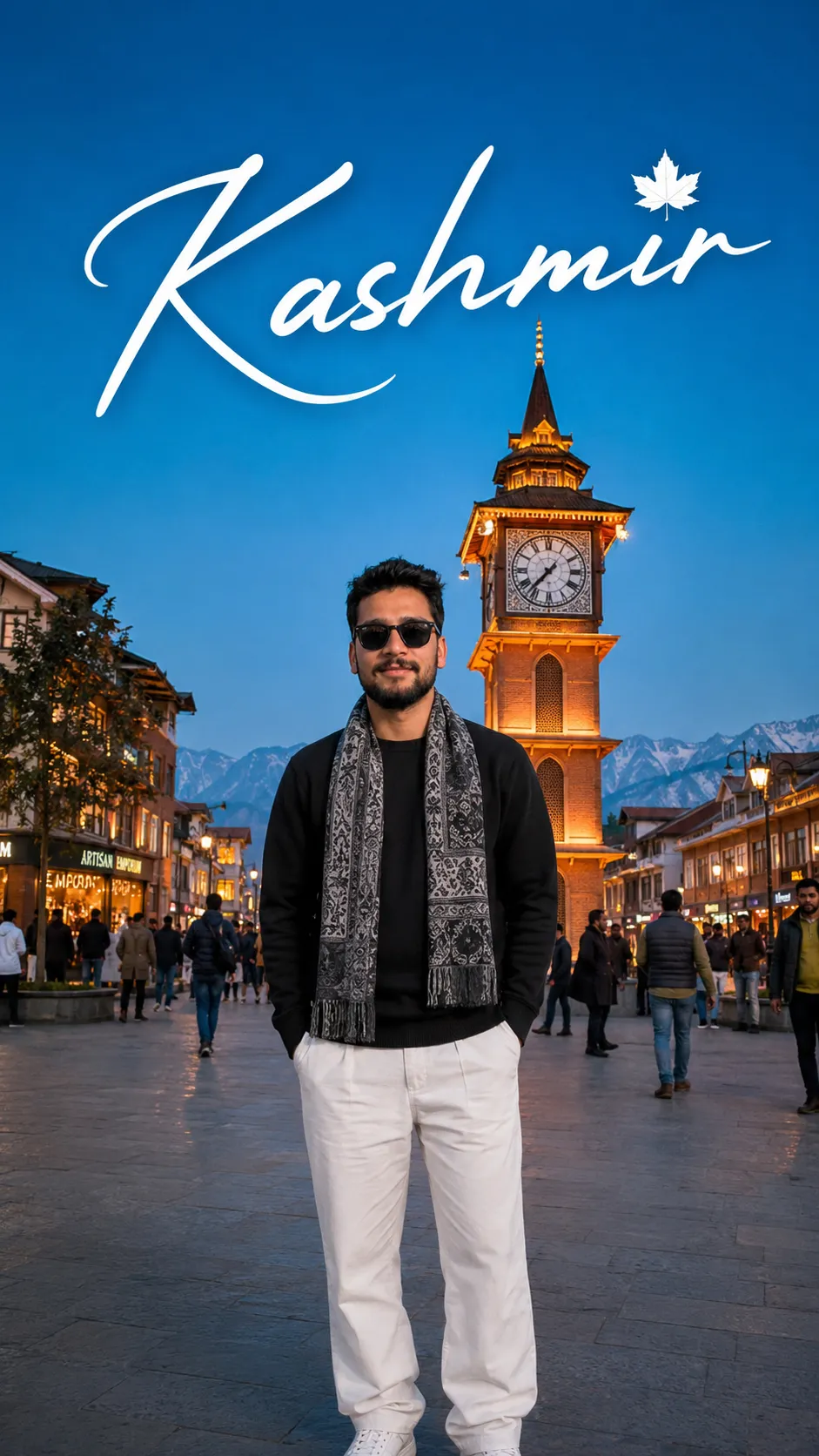 A hyper-realistic, 8K, DSLR- quality travel photograph of a smiling young manin hisearly 20sstanding in a bustling pedestrian square at