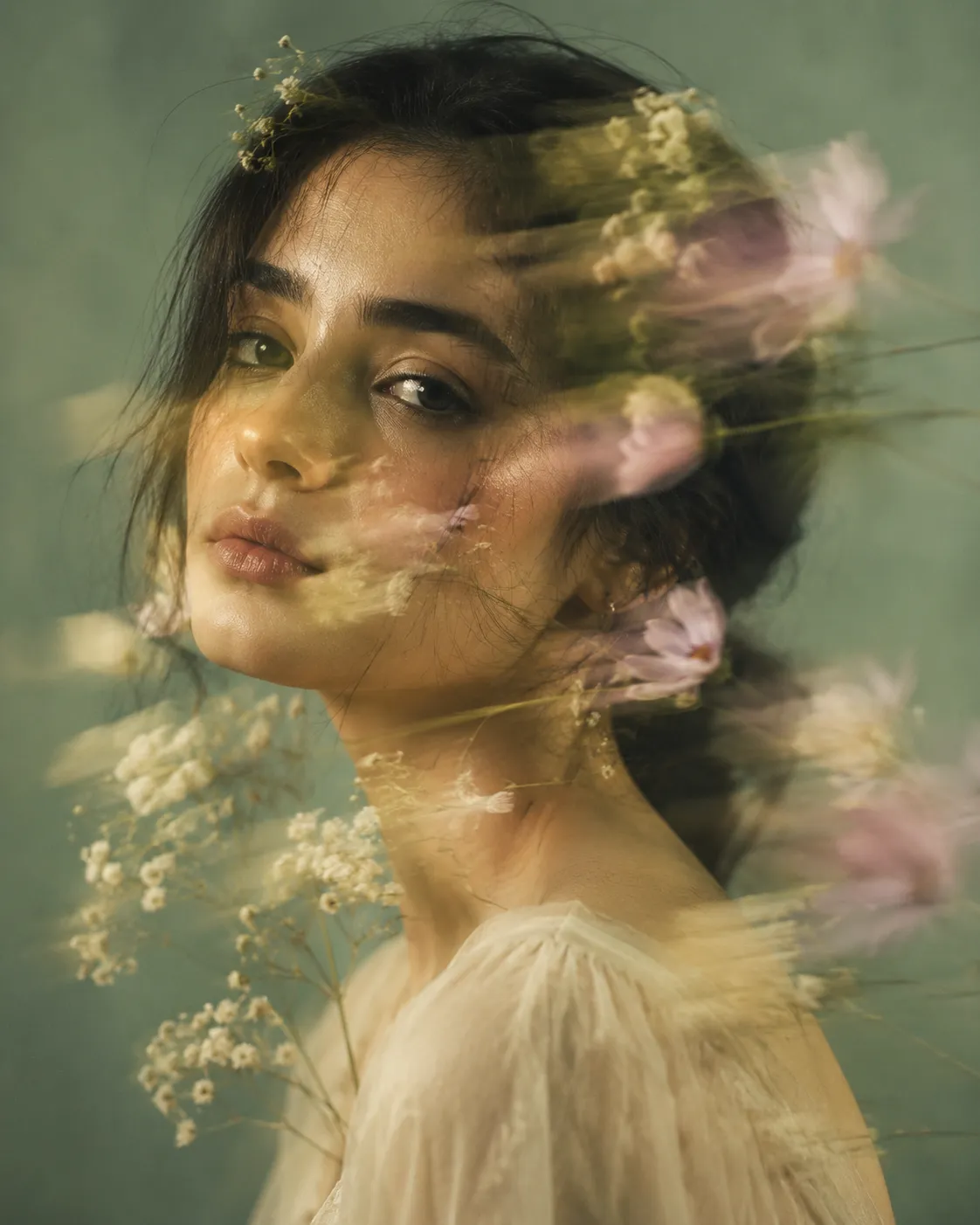 Ultra-realistic fine-art portrait of a young woman with soft natural features, minimal makeup, and calm introspective expression.