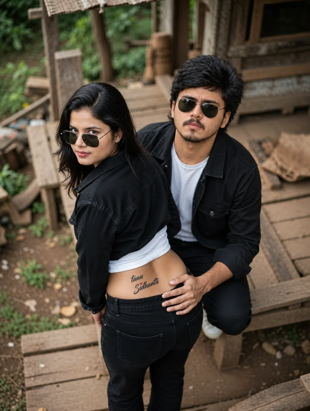 Create an ultra-realistic, photorealistic vertical couple portrait captured from a slightly elevated, top-down camera angle in a rustic