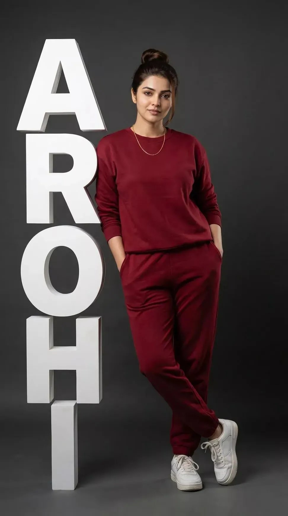 Professional photography, 8K ultra-realistic studio portrait, full-body female model leaning against giant white vertical 3D letters