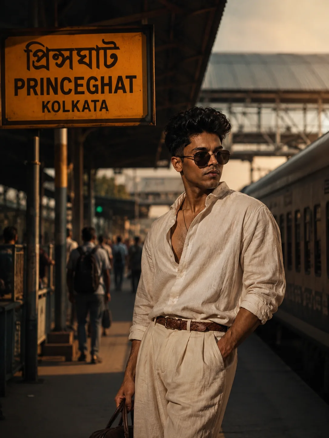 Prompt: Ultra-realistic cinematic full-body fashion portrait of a stylish young South Asian man standing casually on Princeghat Station,