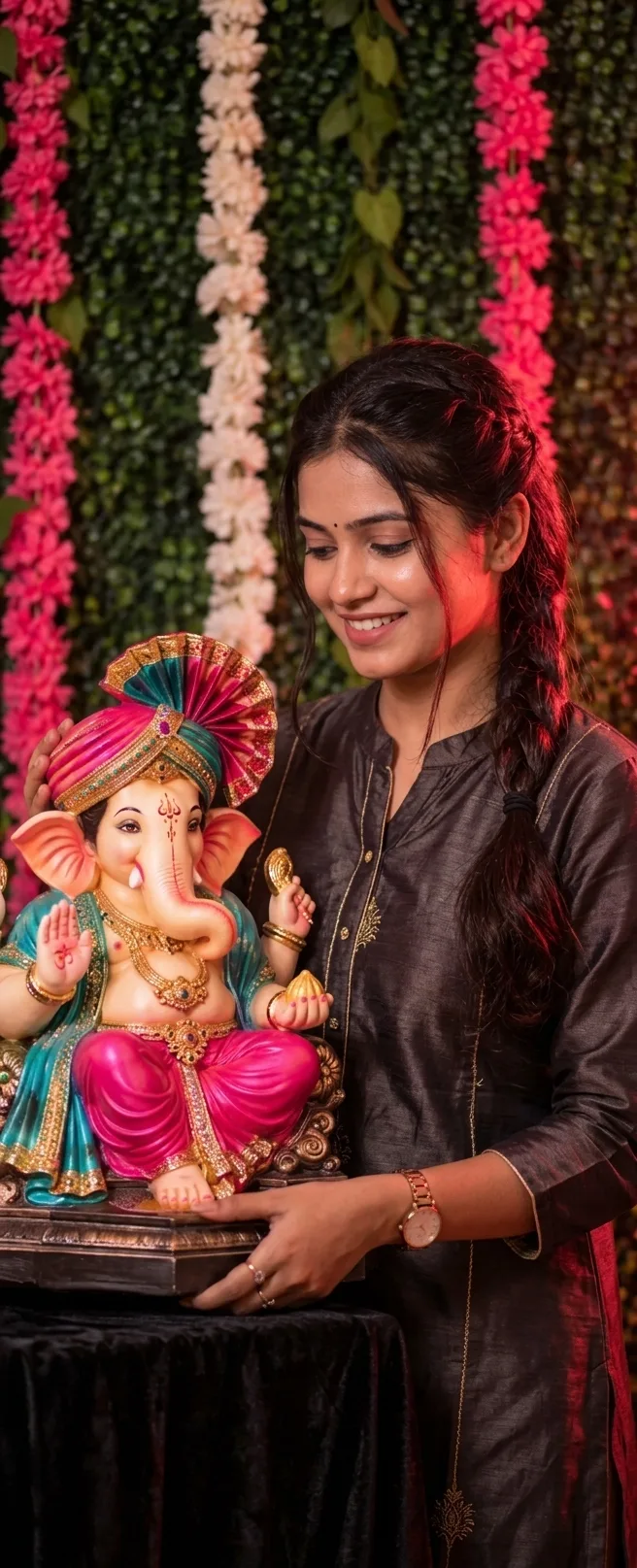 A photorealistic young Indian woman standing beside a beautifully decorated Lord Ganesha idol during a festive celebration, wearing a
