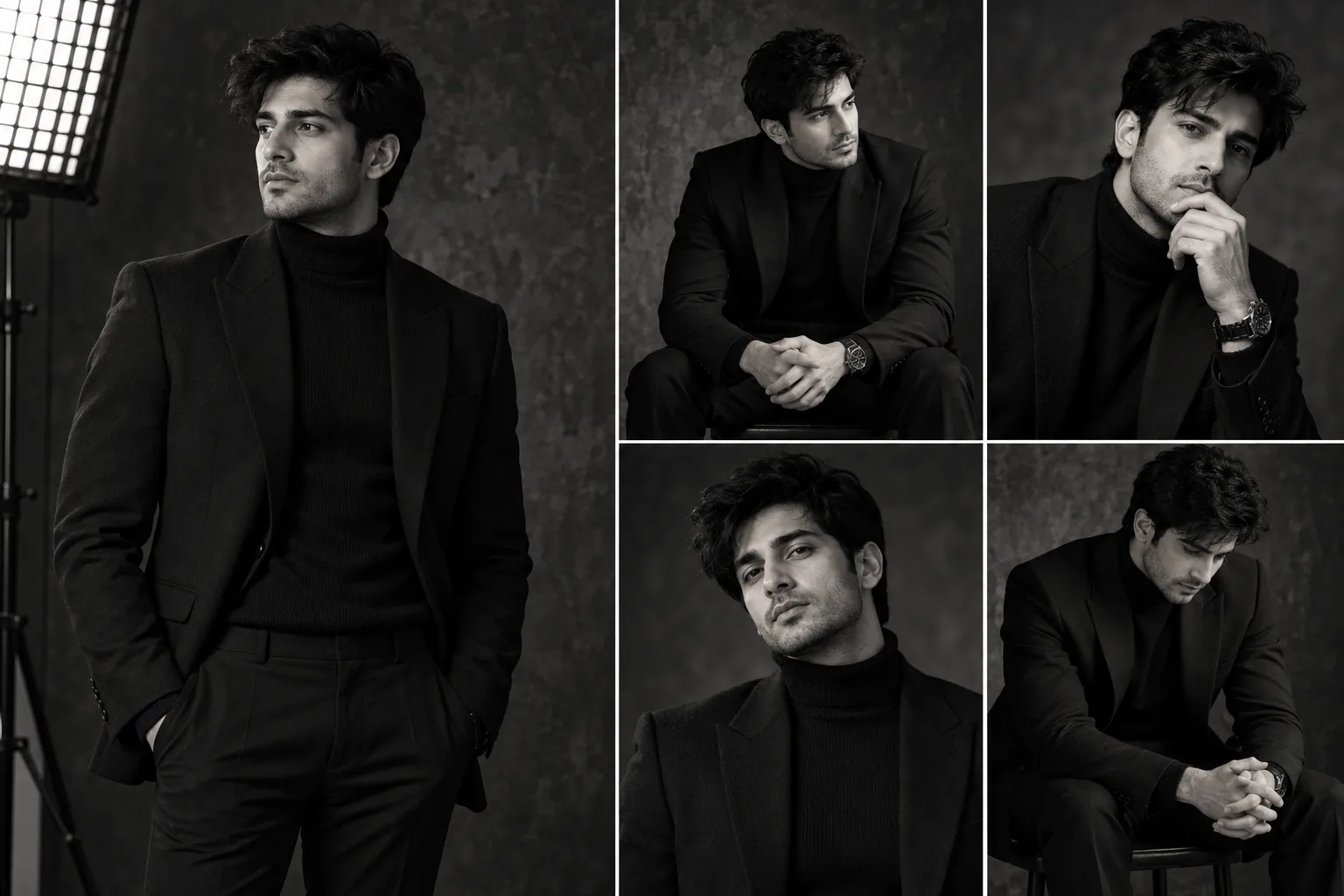 A professional black-and-white studio portrait series featuring a handsome male model with short dark hair, wearing a stylish dark