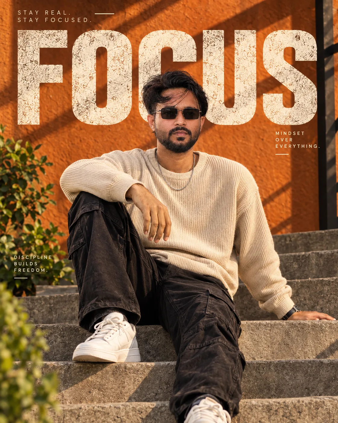 Create an ultra-realistic, high-quality cinematic fashion portrait of a stylish young Indian man sitting confidently on modern concrete