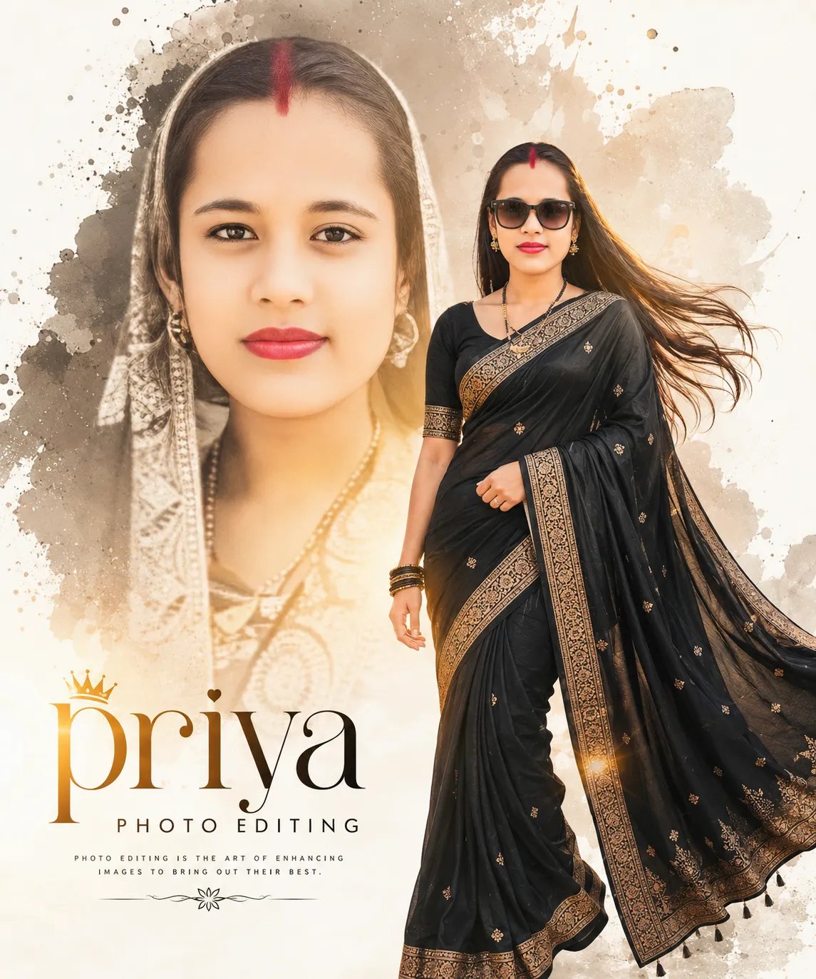 A professional photography studio banner design featuring a double exposure style collage of a young Indian woman.