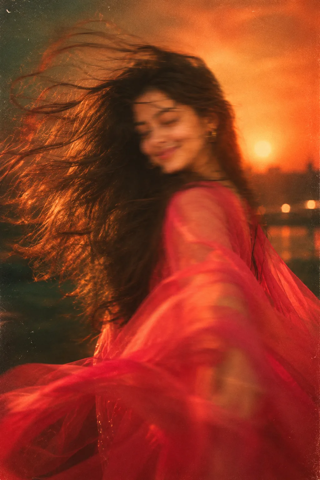 Prompt💜 A high-fashion editorial portrait of a young woman with long hair blowing intensely in the wind.