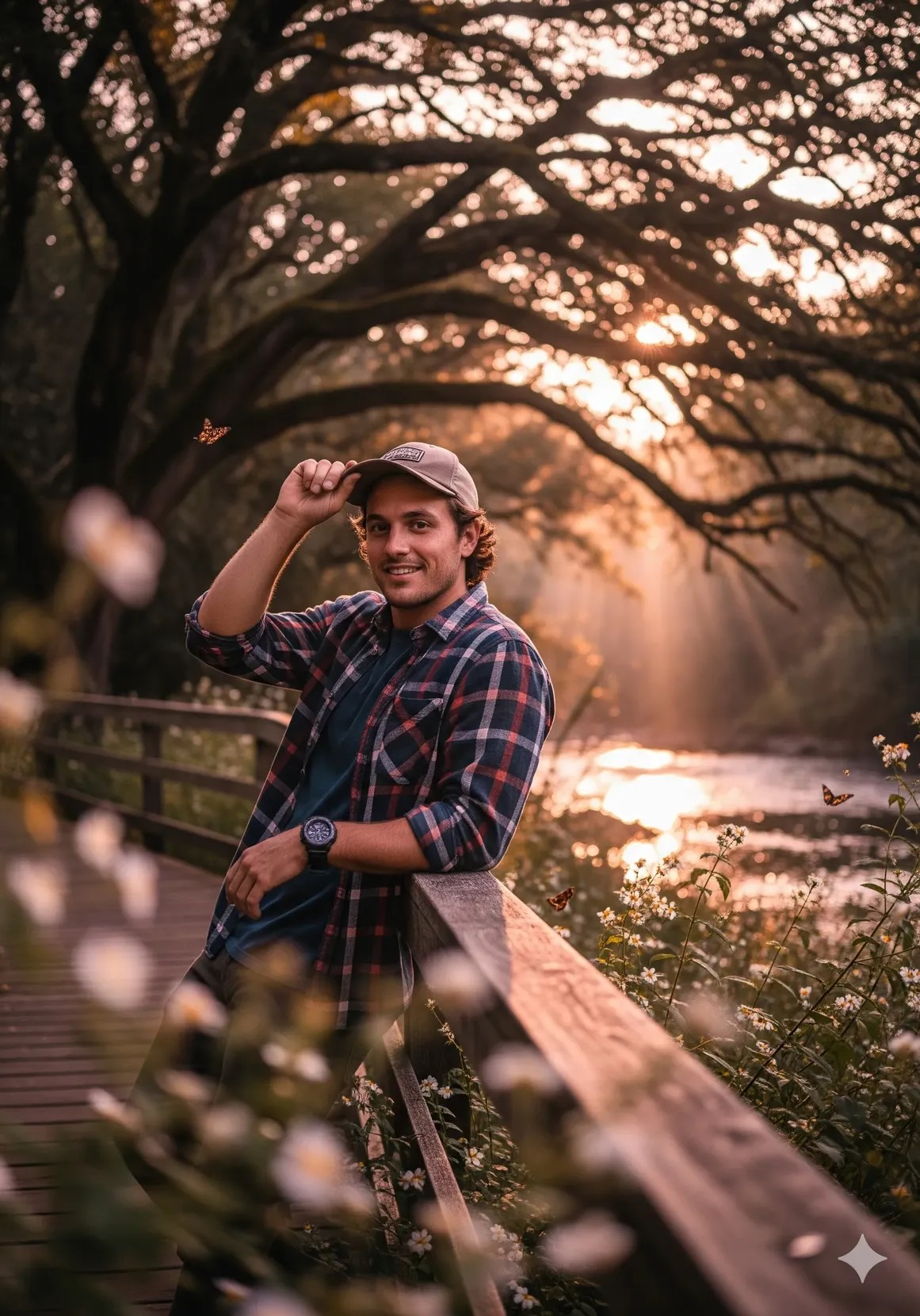 Hyper-realistic low-angle vertical (3:4) half-body shot of a 25-28-year-old man leaning on a wooden boardwalk by a mountain river under a