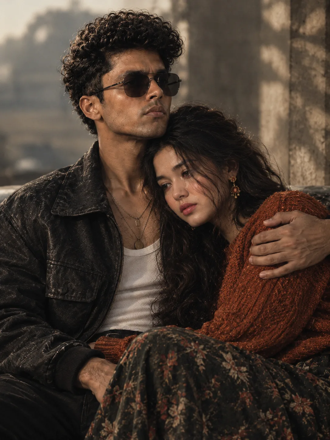 Create an ultra-realistic cinematic autumn couple portrait using the uploaded reference images as identity references.