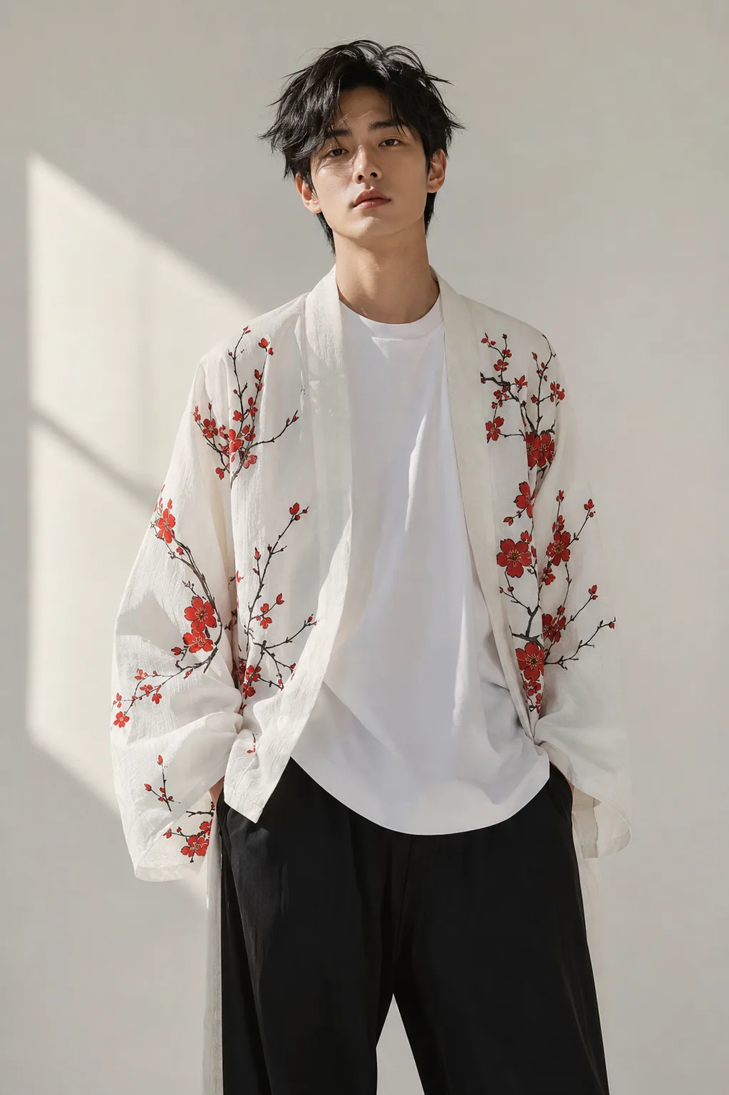 Create an ultra-photorealistic, high-end Japanese-inspired fashion editorial portrait of a young adult male standing confidently in front