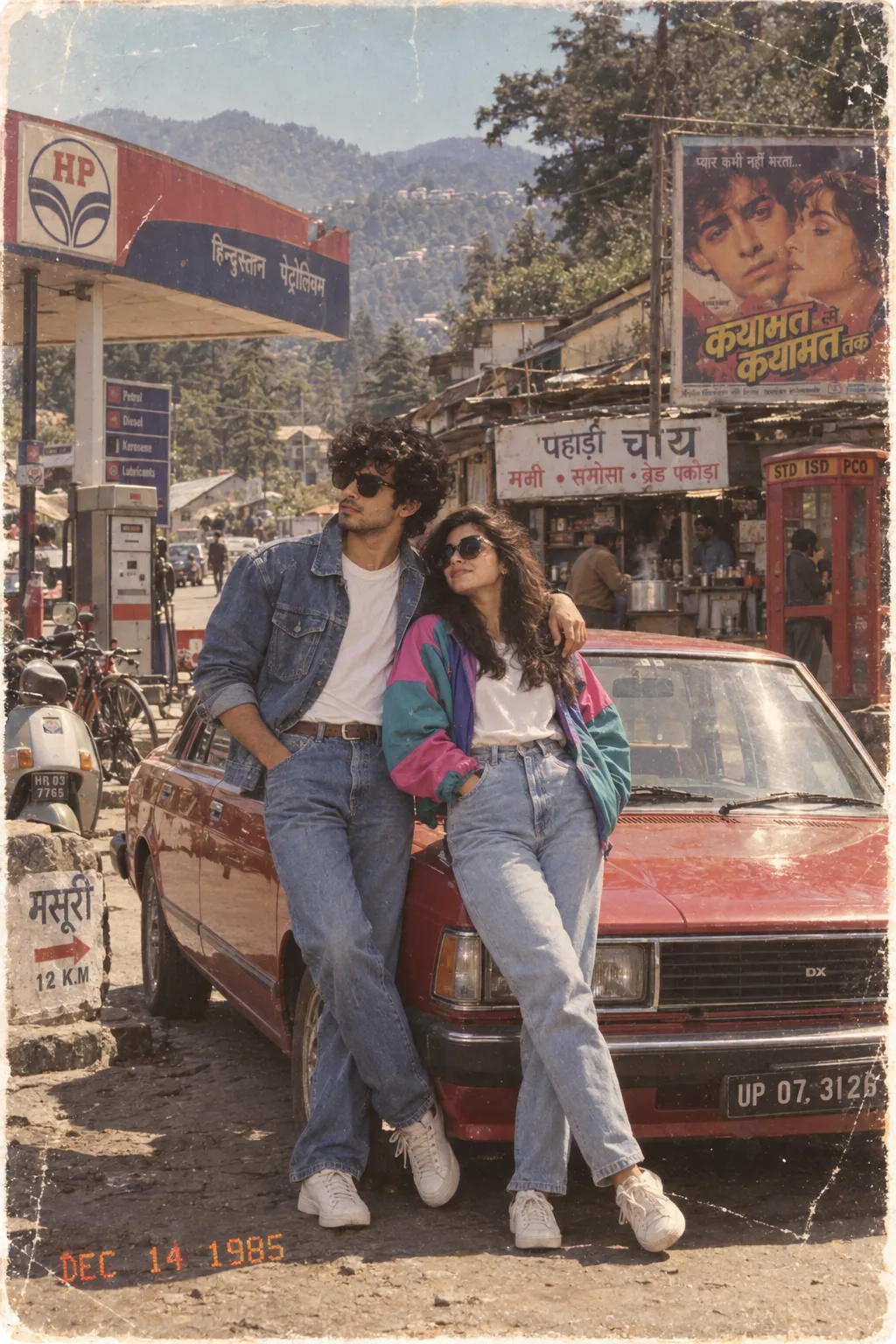 Create a highly photorealistic mid-1980s Indian Bollywood couple photograph, preserving the exact faces, outfits, pose and body positioning