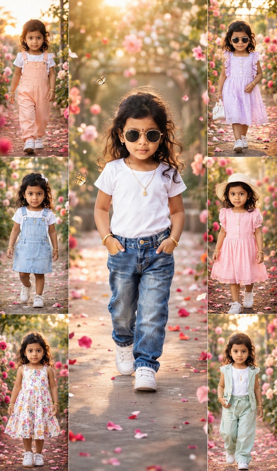 Adorable 3-year-old Indian baby girl, soft curly black hair, huge sparkling eyes, tiny black bindi, luxury 7-photo fashion collage, center