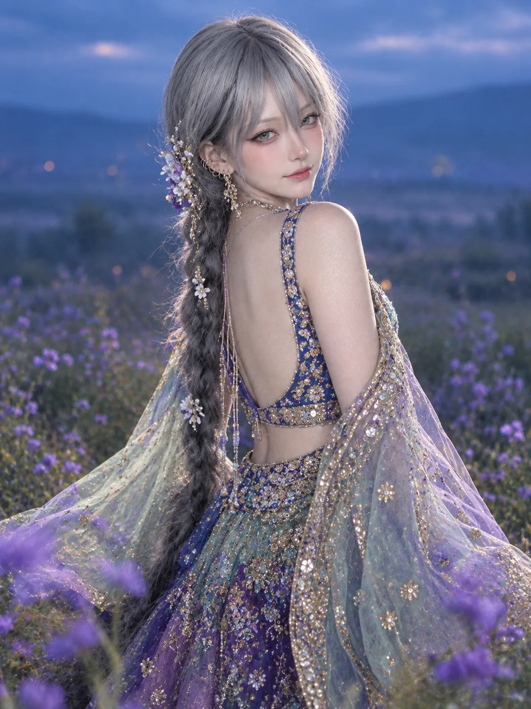 Ultra-realistic cinematic BACK VIEW portrait of the EXACT SAME Indian woman standing in the SAME dreamy meadow during blue hour evening.