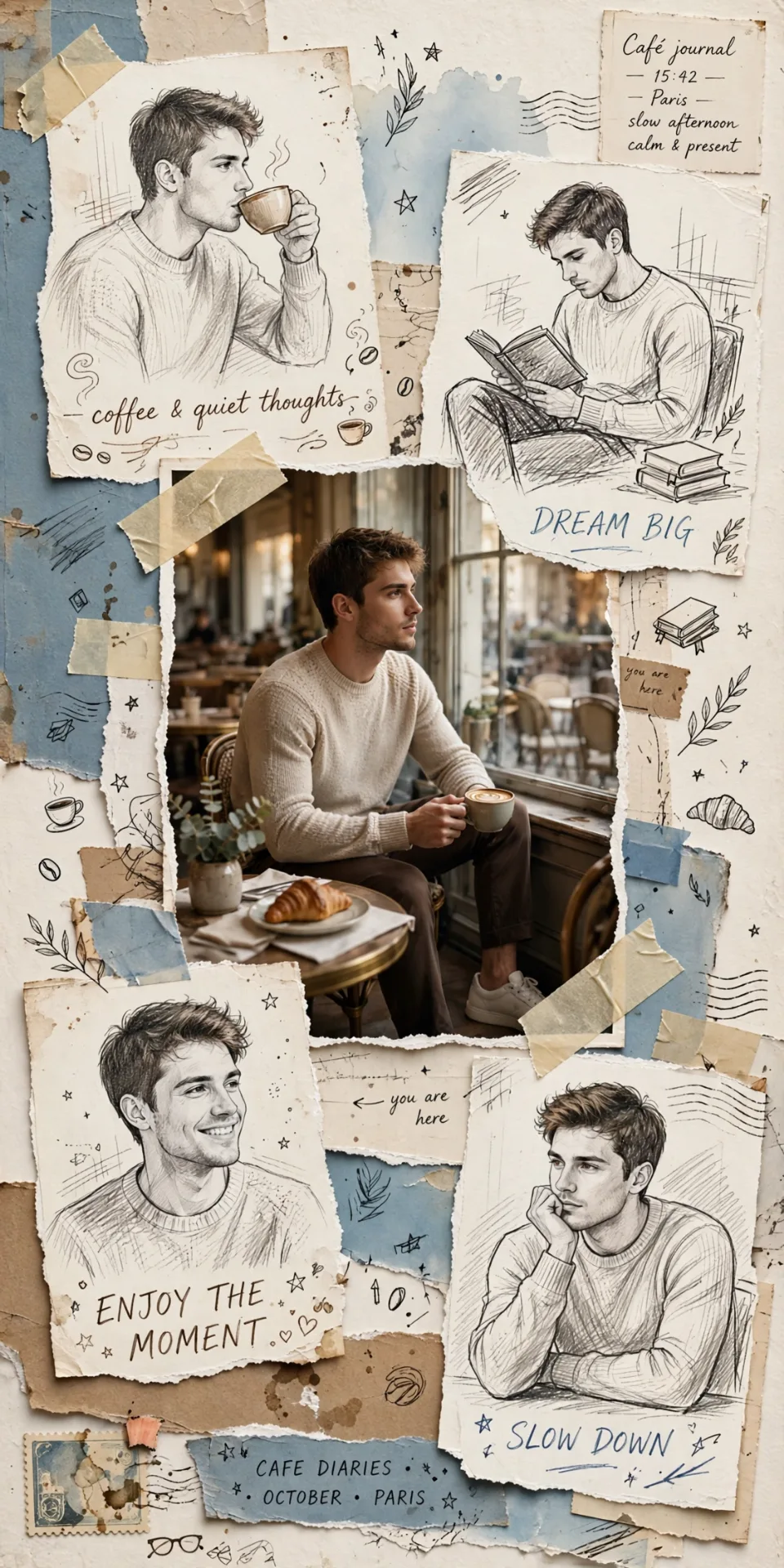 editorial scrapbook collage, realistic central male portrait, hand-drawn pencil sketch versions of the same subject around him, torn
