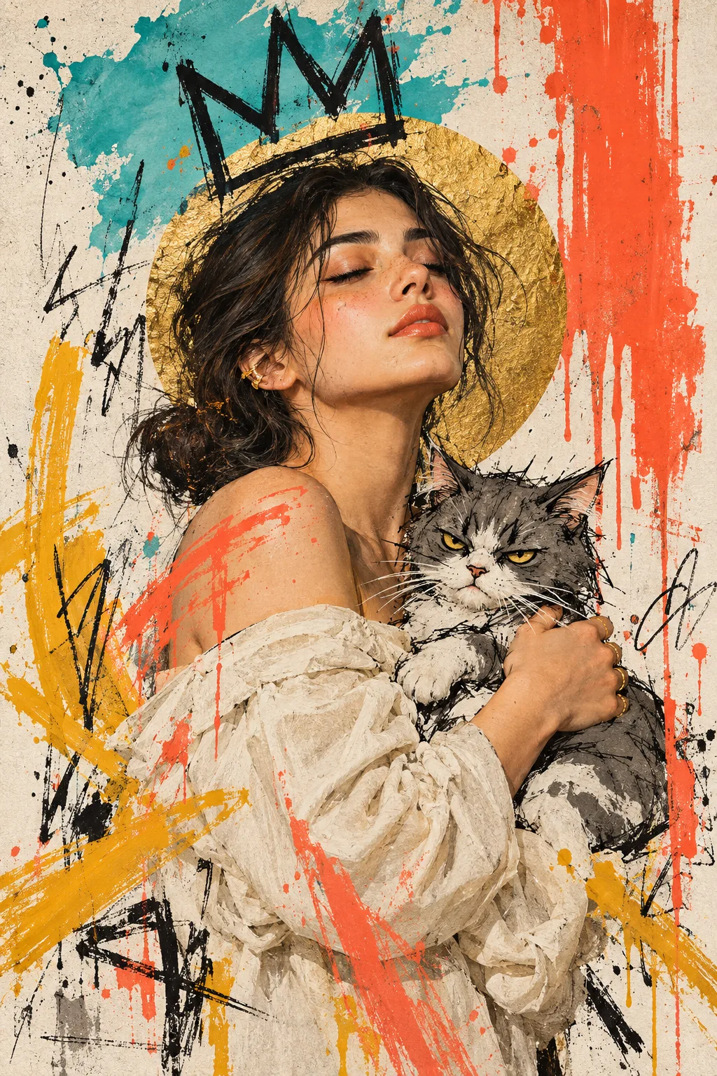 Mixed-media editorial illustration in a Basquiat-meets-fashion-portrait style: a semi-realistic, softly painted young woman with dark wavy