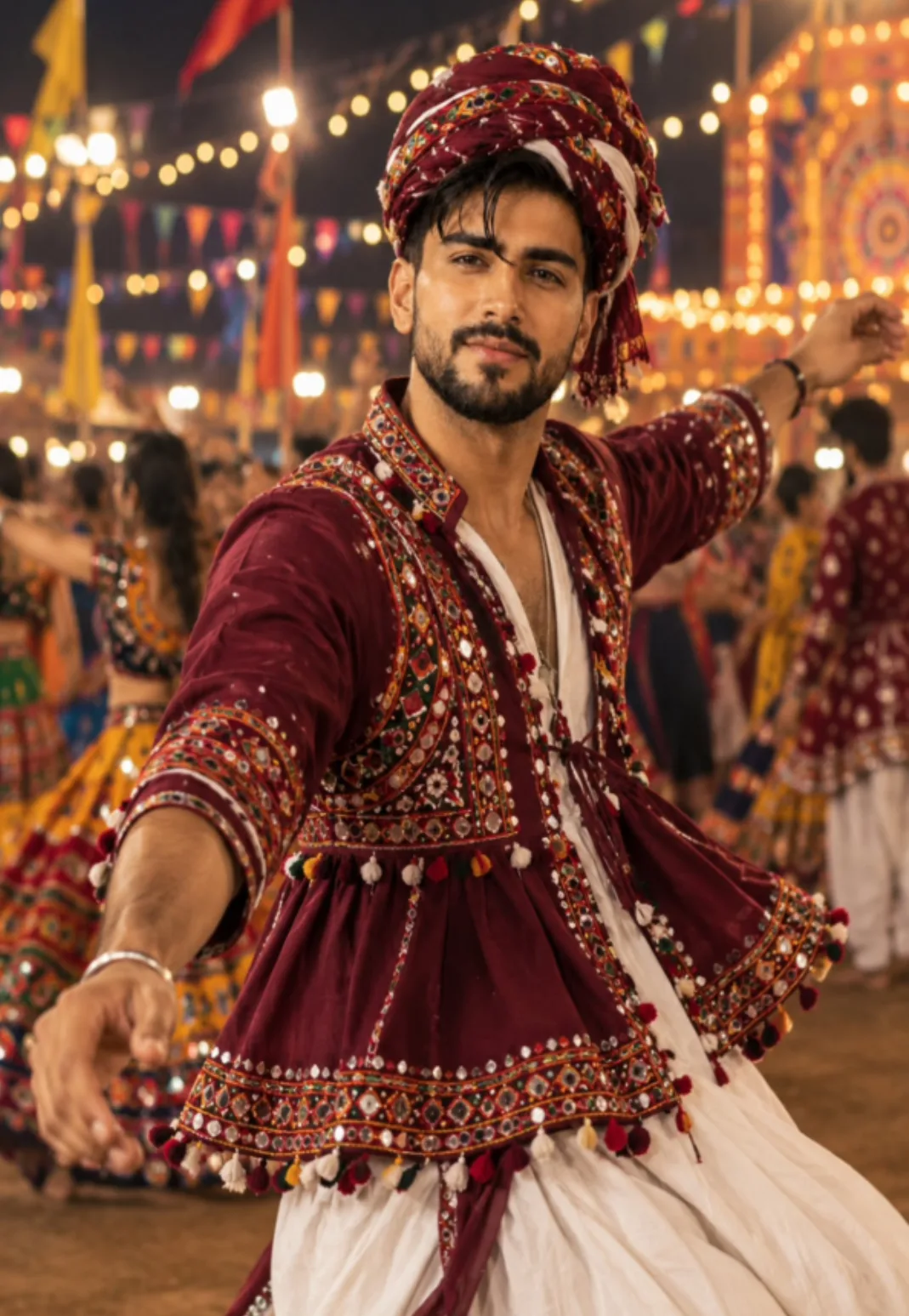 Transform this photo into an ultra-realistic cinematic Navratri portrait, preserving the exact face, skin tone, and features.