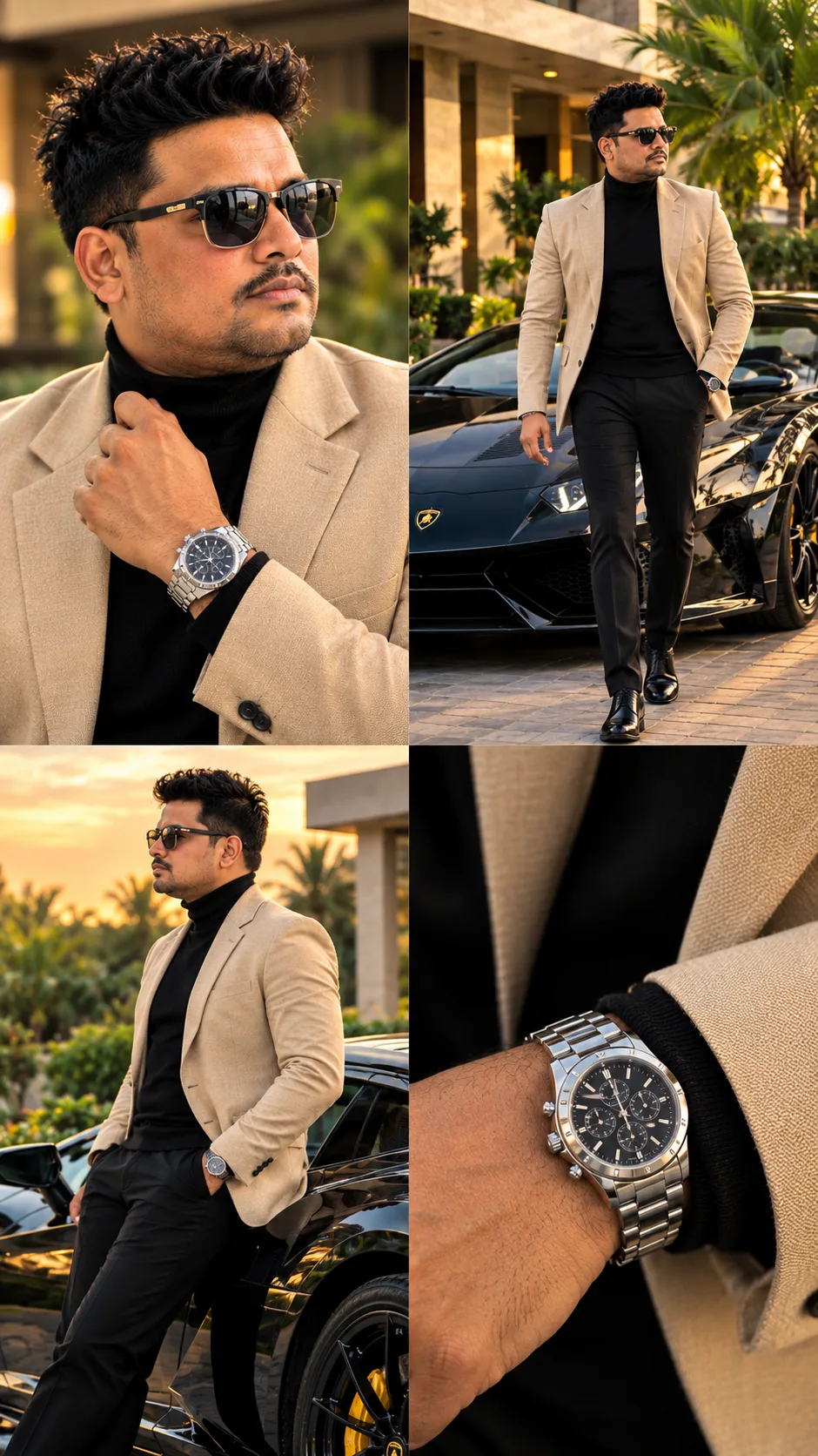 Create a photorealistic luxury fashion editorial collage featuring the same stylish man in four cinematic frames.