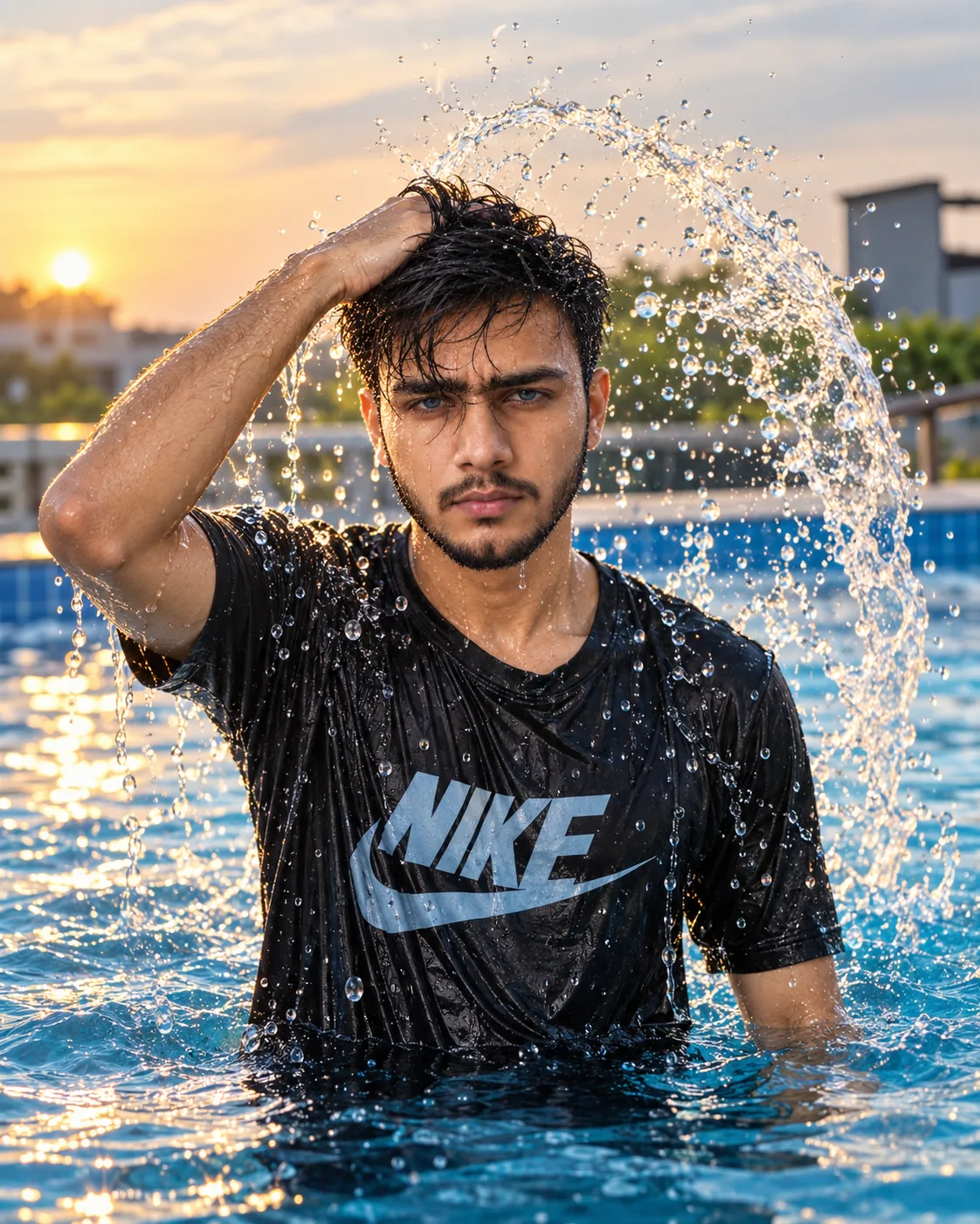 Create a highly realistic, ultra-detailed cinematic outdoor portrait photograph of a young Indian man standing waist-deep in a swimming