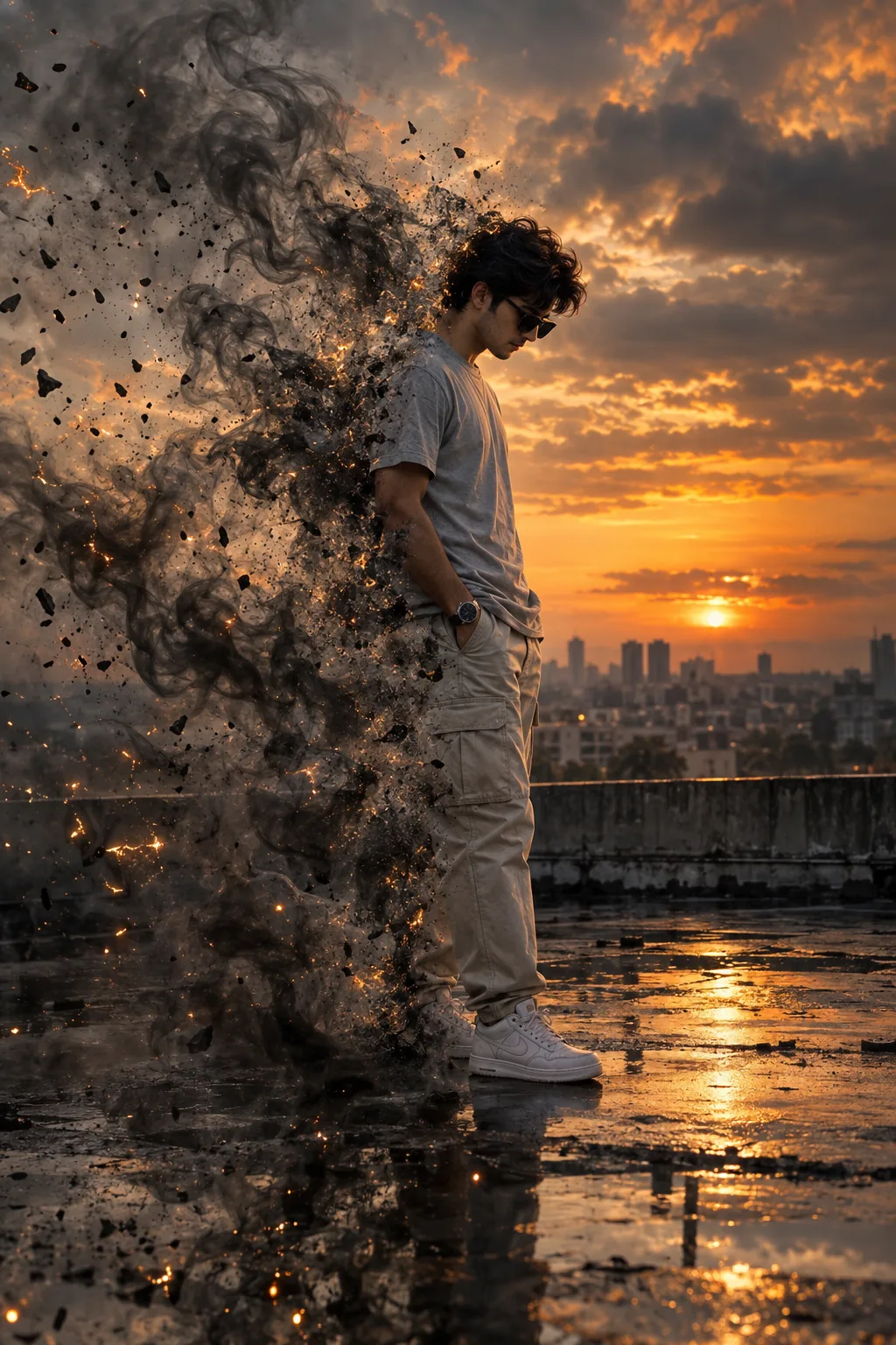 Create an ultra-realistic cinematic portrait of a young man standing on a rooftop at sunset, wearing a light grey t-shirt, beige cargo