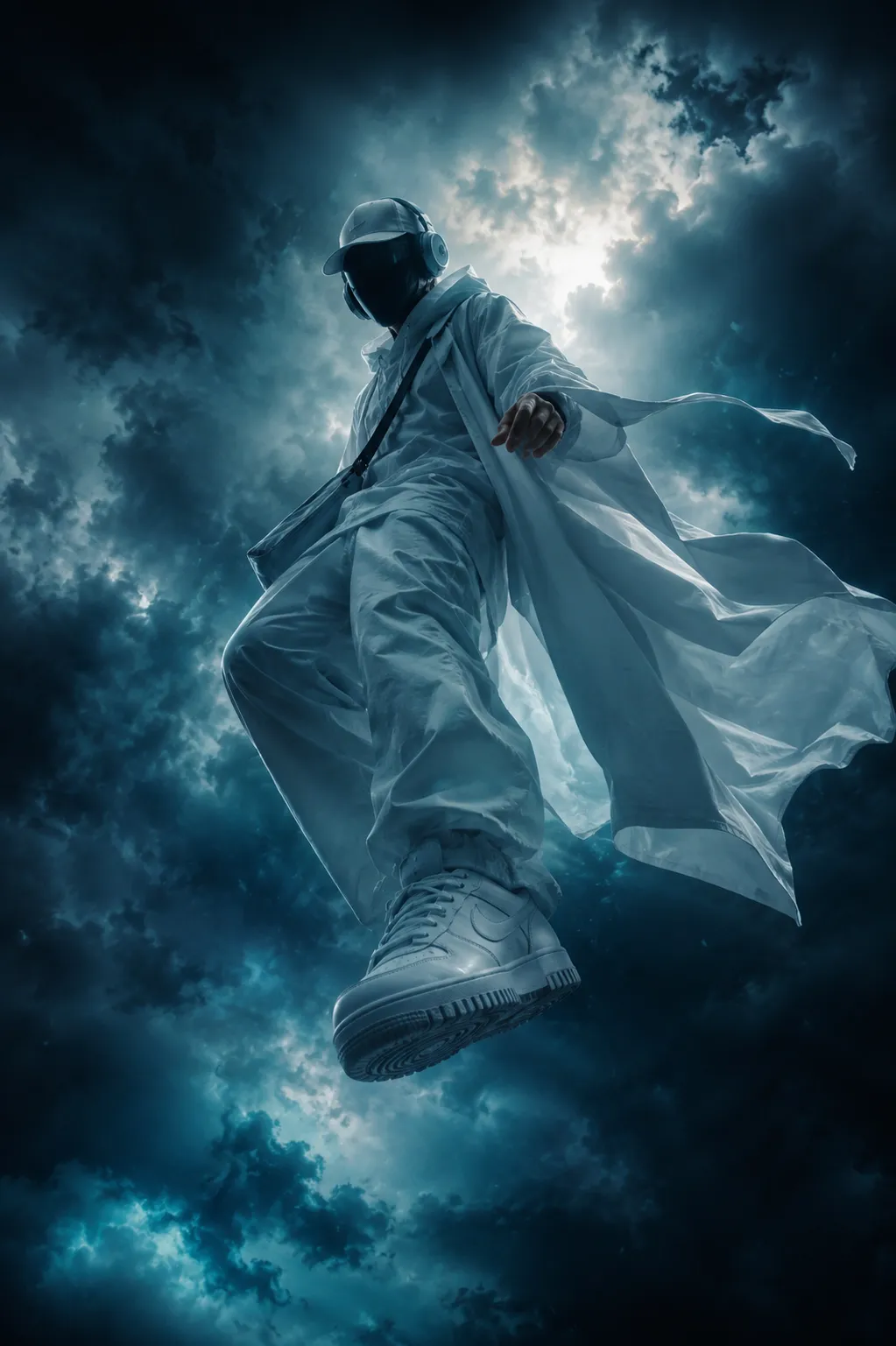 Ultra cinematic low-angle shot of a mysterious floating character in the sky, wearing oversized flowing white outfit, white baggy pants,