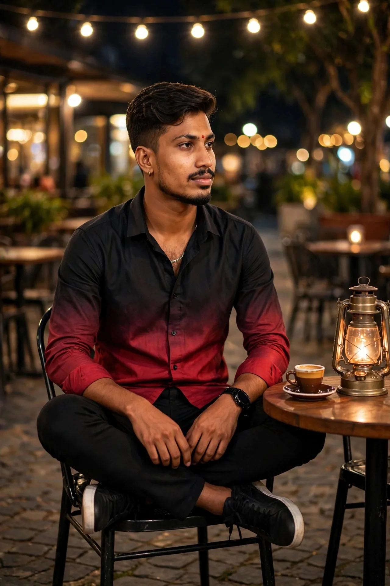 A full-length cinematic shot of a handsome young man with a neatly trimmed beard and perfectly coiffed dark hair, sitting cross-legged on a