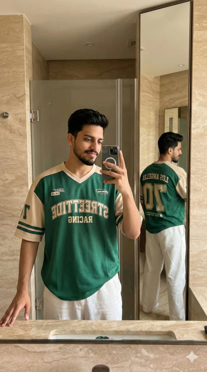 A hyper-realistic mirror-selfie portrait of the same young man (use uploaded face, hair, beard exactly as is).