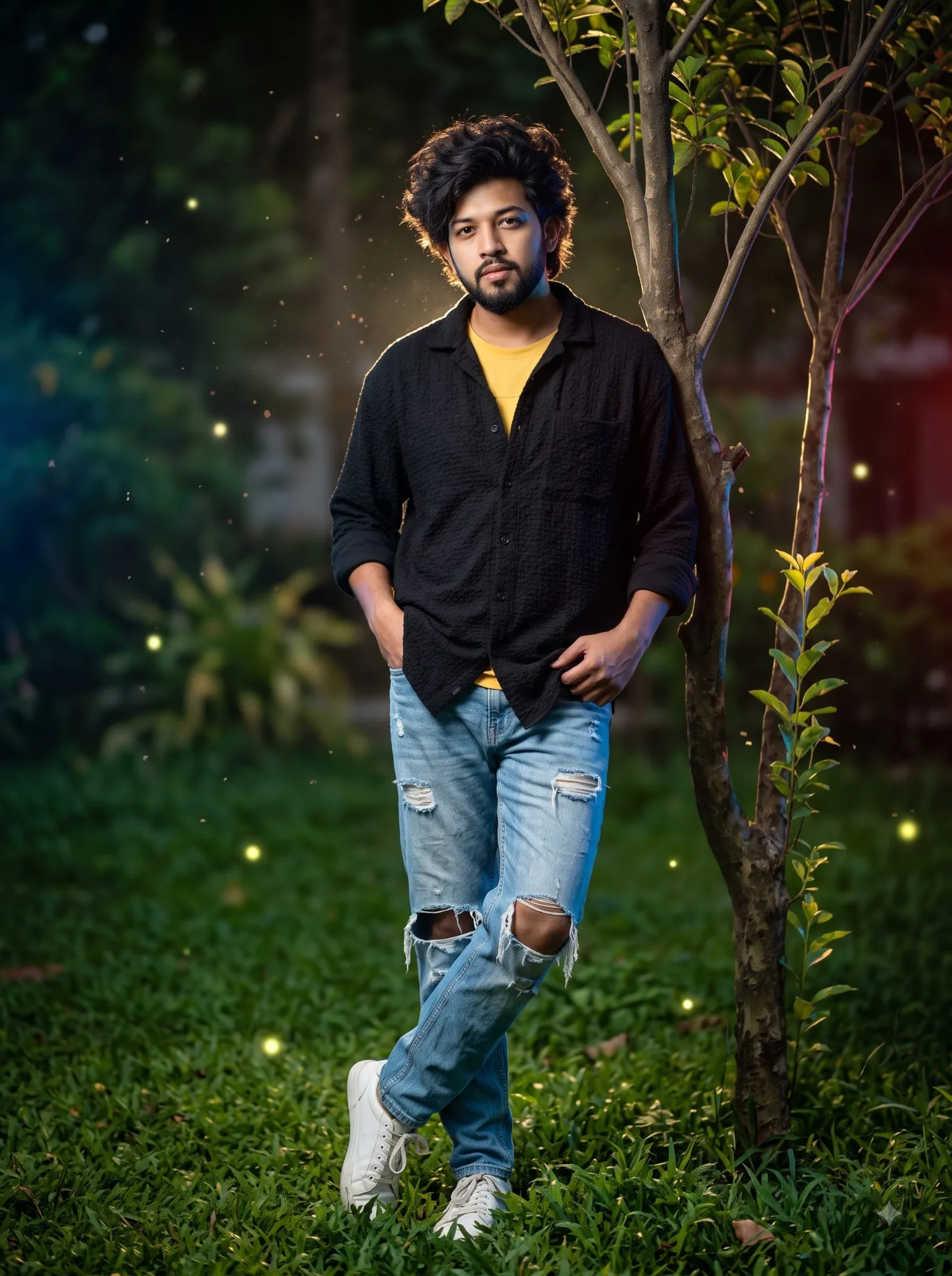 16K ultra-realistic cinematic portrait of a voluminous messy stylish dark hair, 27-year-old stylish boy standing on lush green grass with