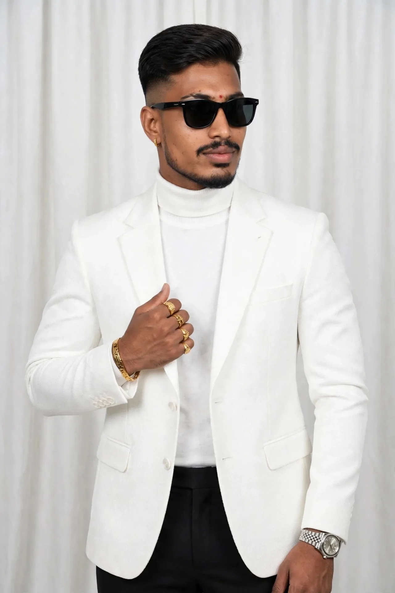 A stylish young South Indian man, sharp fade haircut, trimmed mustache and beard, wearing a luxurious white blazer suit over a white