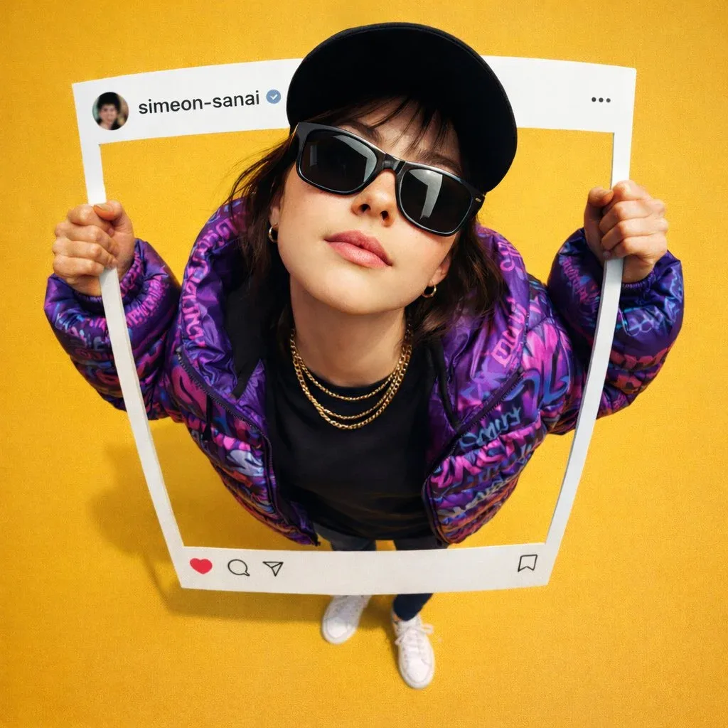 Create an Ultra-realistic photo composite of uploaded person breaking out of an Instagram post frame.