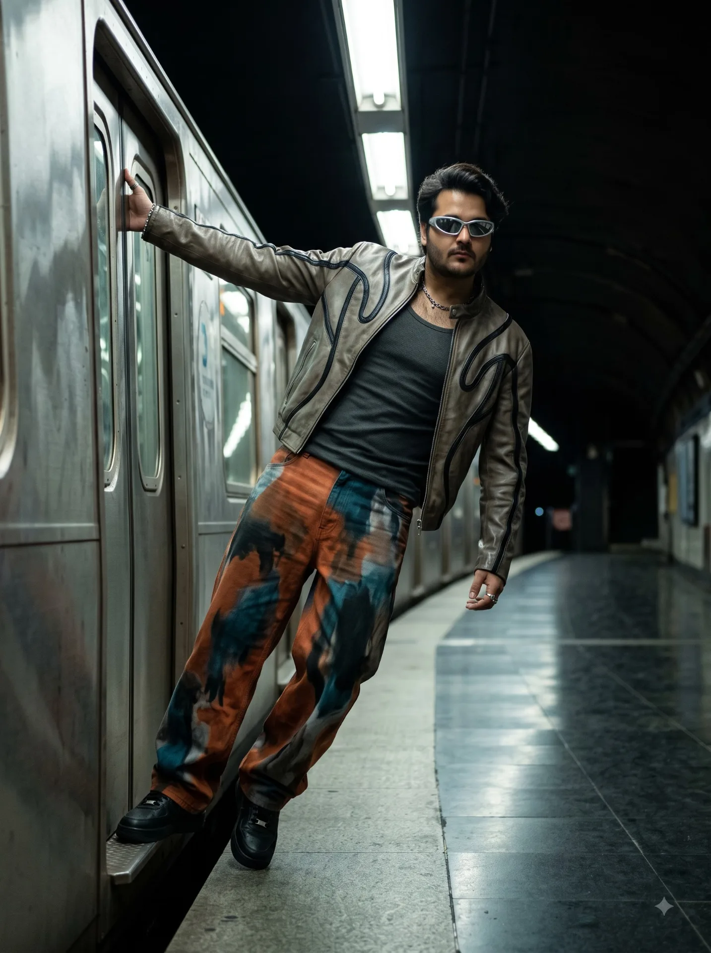 Gritty luxury street-fashion portrait inside an almost empty underground metro platform at night, using my reference image to preserve my