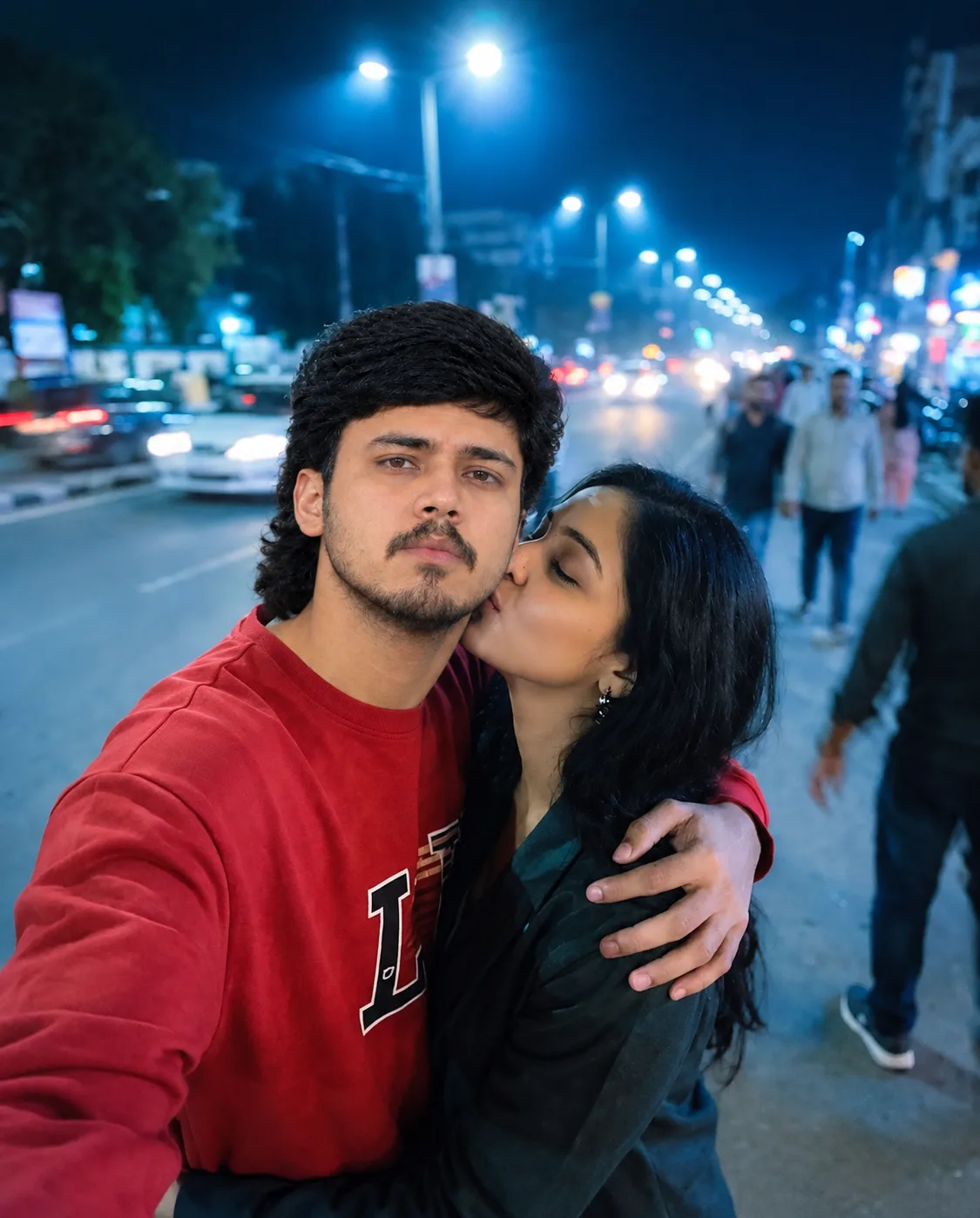 Create an ultra-realistic cinematic nighttime street selfie inspired by the uploaded reference image.