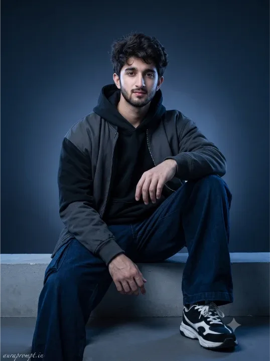 A glowing deep navy backdrop with dramatic cool-toned gradient lighting is already filling the frame when a streetwear-ready young Indian