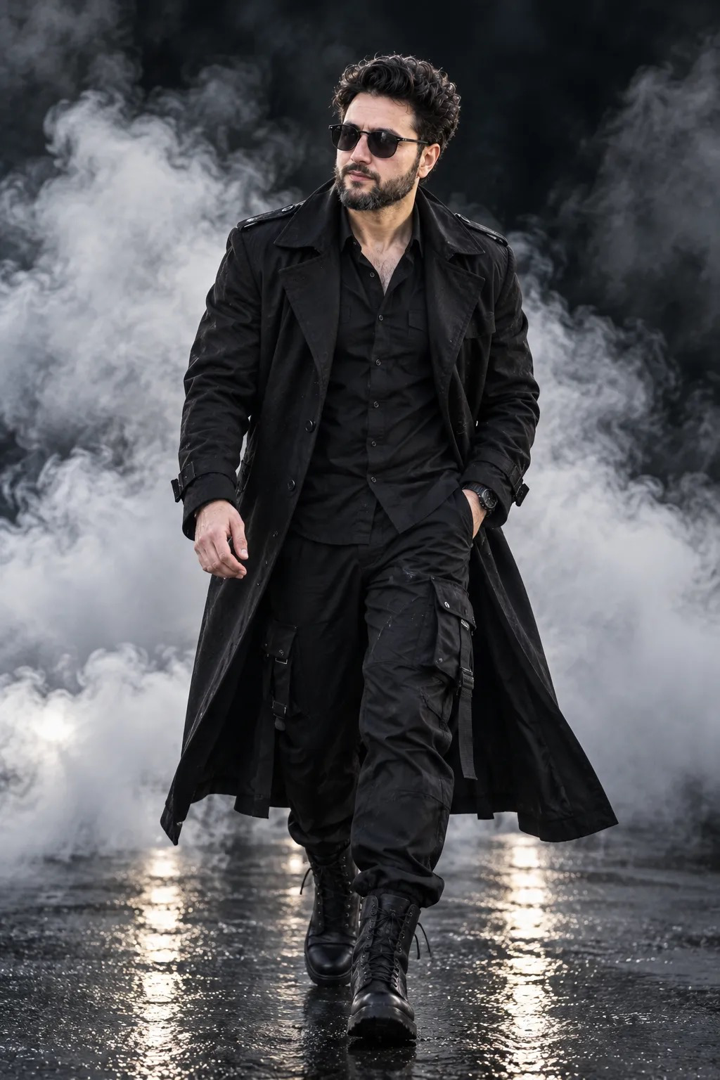A full-length cinematic shot of a rugged, heavily bearded man with long dark hair, wearing round black sunglasses and.