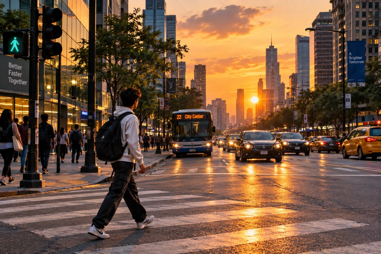 Photorealistic cinematic city crosswalk at golden hour, a young man with a backpack walking across a wide zebra crossing, busy traffic,