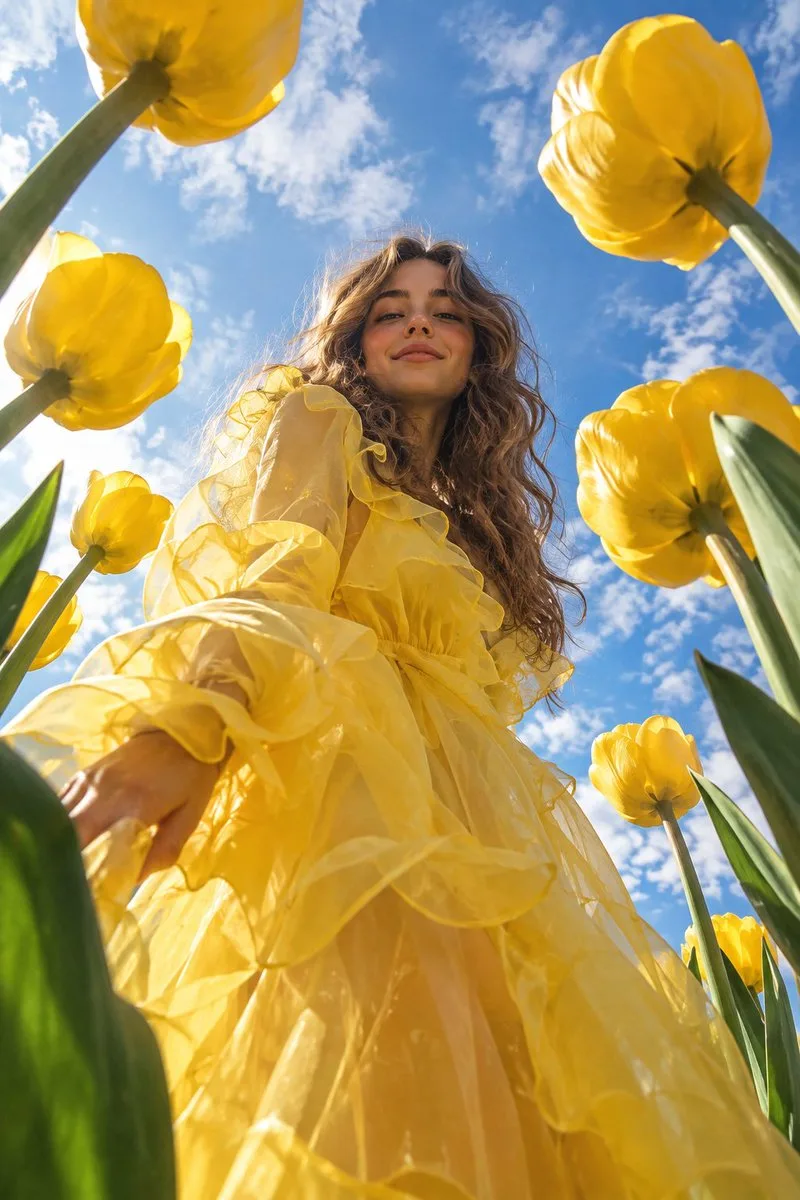 Whimsical high-fashion editorial photograph of a young woman with long flowing wavy brown hair blowing in the breeze, standing amid a field