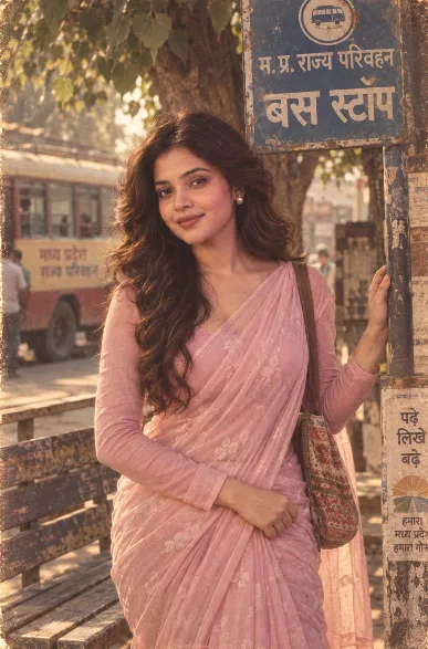 1980s solo portrait of a woman standing at an old-style bus stop.