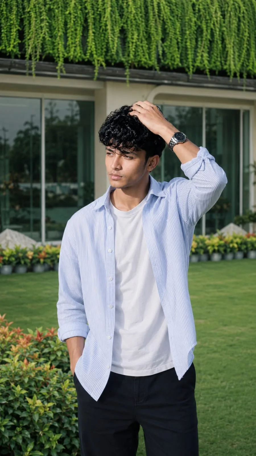 Create an ultra-realistic cinematic vertical 4:5 DSLR-quality candid fashion photograph of a young South Asian man standing casually in a