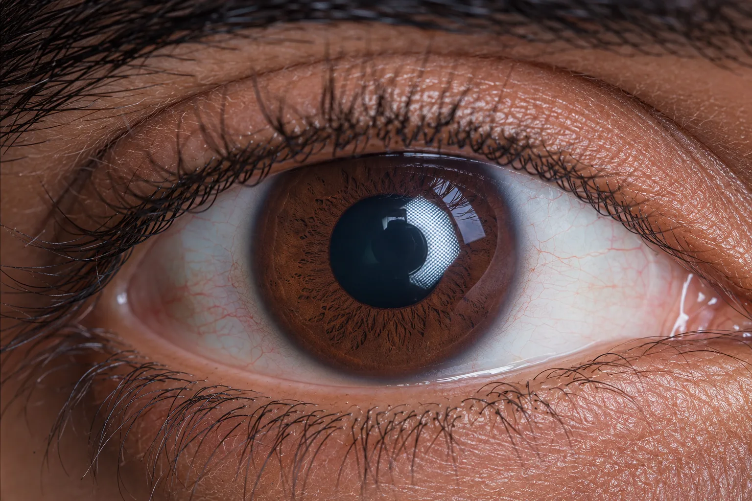 Ultra-detailed macro close-up of a human eye, preserve the original eye color, iris pattern, eyelashes, eyelids, skin texture, reflections,