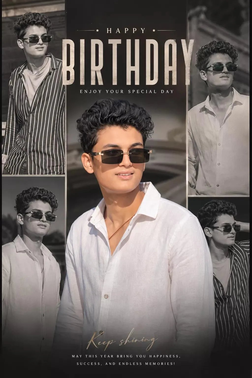 New post Palasner Ultra-realistic cinematic birthday poster of a stylish young South Asian male with same black hair, sharp jawline,