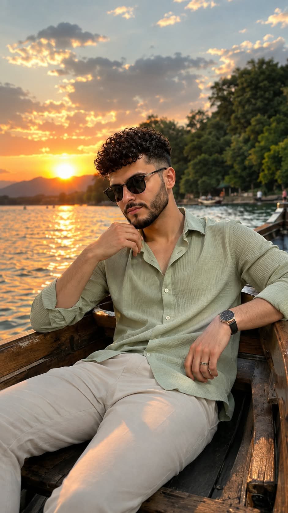 Prompt:✨️ Ultra-realistic cinematic portrait of a stylish young South Asian man relaxing on a wooden boat during sunset.