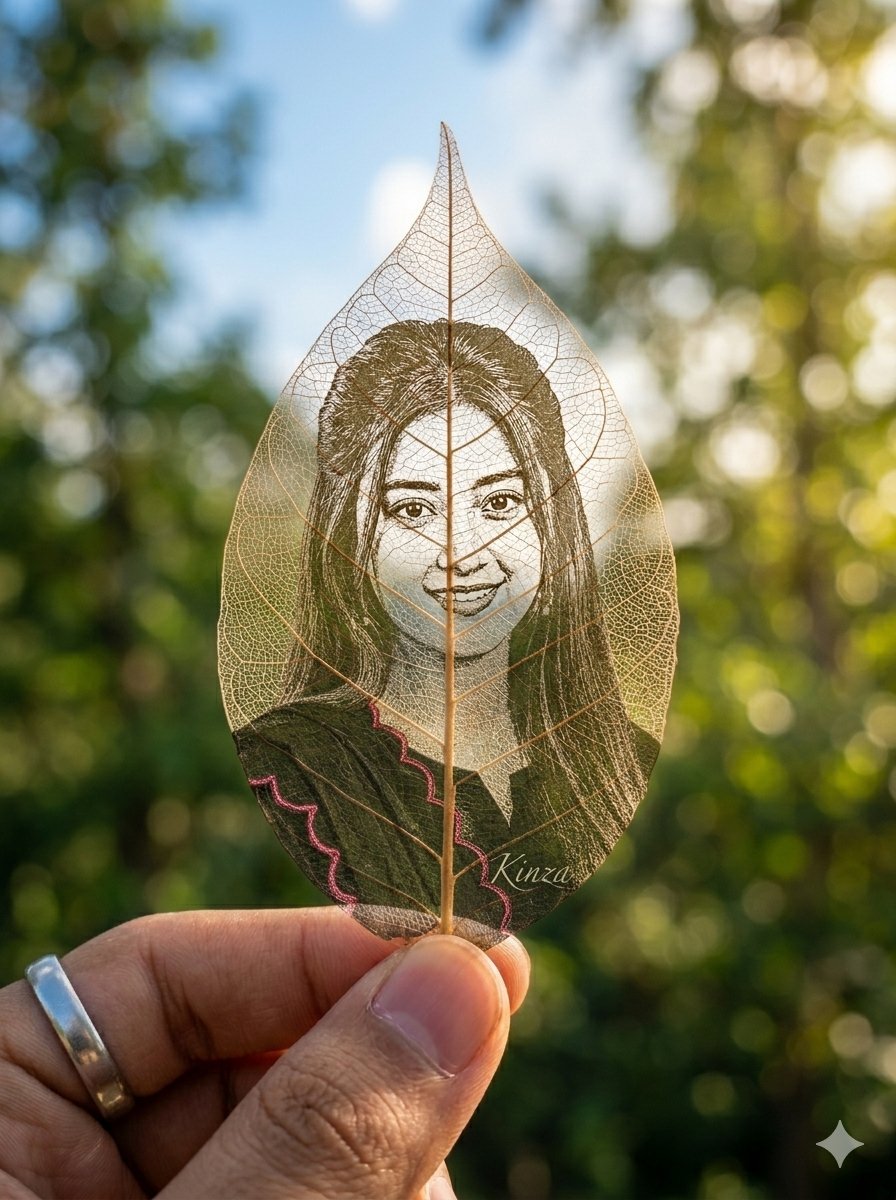 Image using on Gamini nano banana pro Prompt💬 Ultra realistic macro photography of a transparent skeleton leaf being held between fingers,