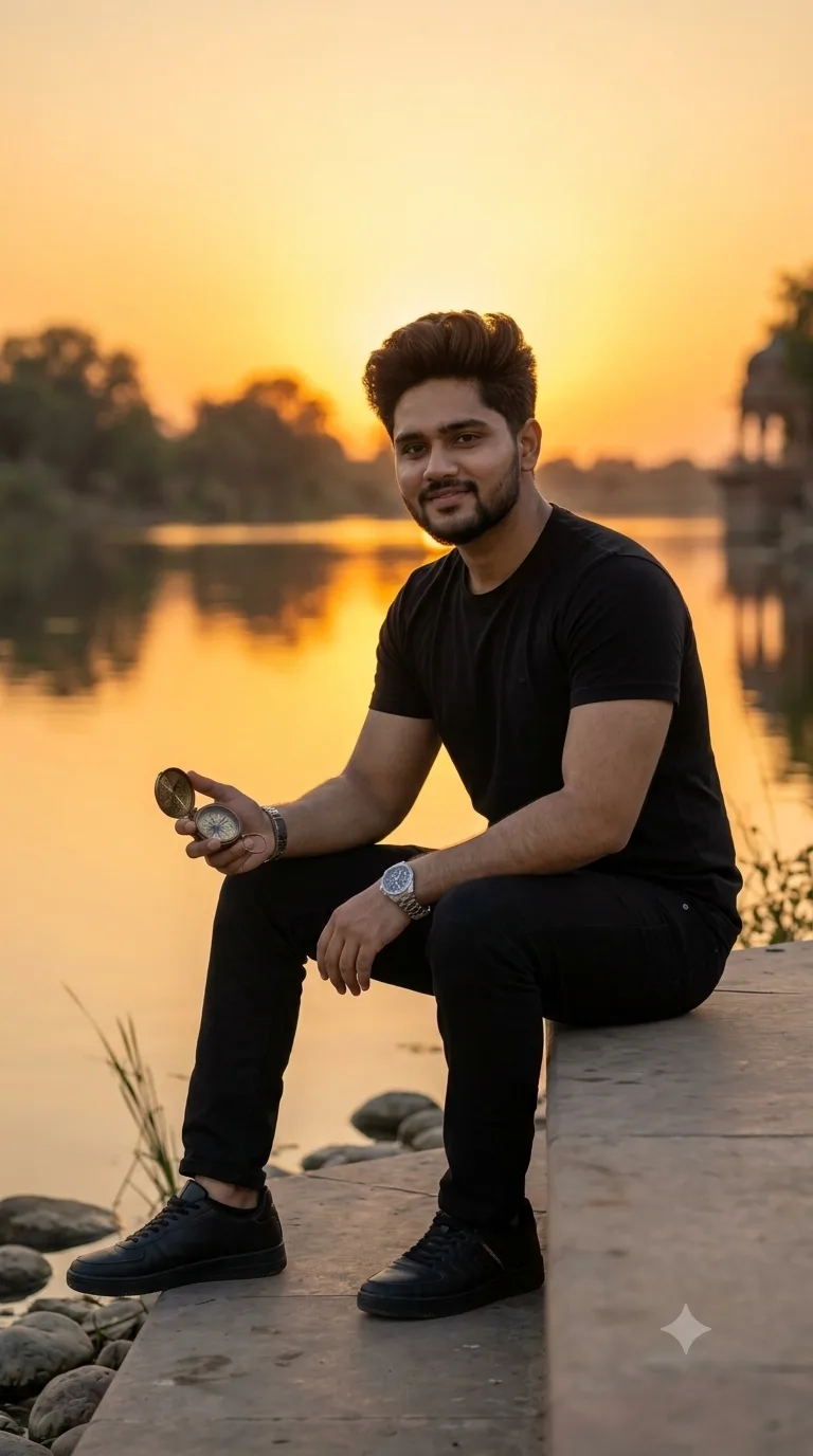 A stylish young South Asian man wearing a black shirt and black trousers, sitting beside a peaceful river during golden hour.