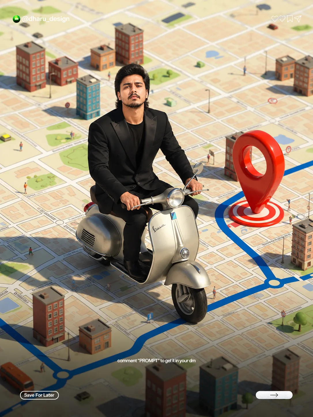 Create a highly realistic vertical cinematic miniature-world scene featuring a confident young South Asian man riding a classic