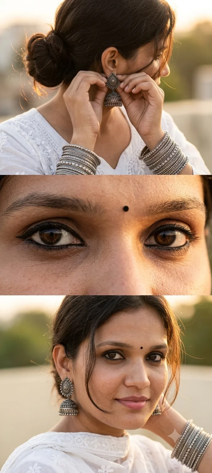 Ultra-realistic cinematic triptych portrait of a young South Asian woman in traditional white embroidered attire, photographed in warm